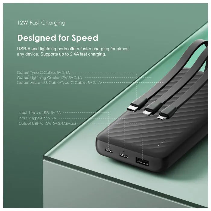 Oraimo Slice Link 10000mAh 12W Fast Charge 3 in 1 Portable Power Bank with Built-in all Phones Cables