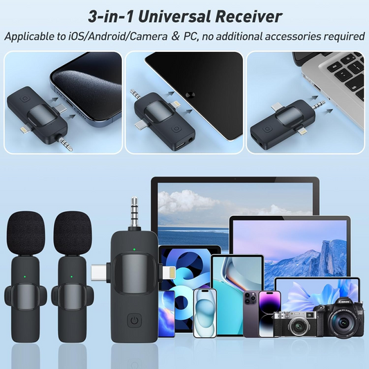 Double Wireless Lavalier Lapel 3-in-1 Microphone For Mobile Phones for Vlog, Podcast, TikTok, YouTube