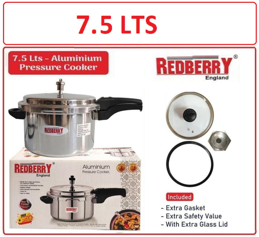 Redberry Premium Range Aluminium Pressure Cooker With Glass Lids Plus Free Extra Gasket & Safty Value