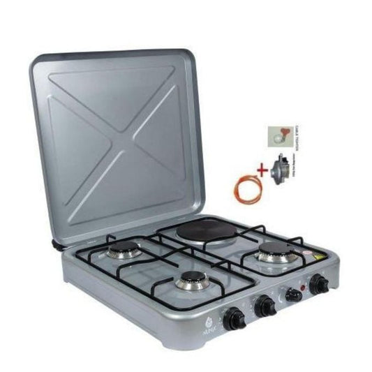 Nunix 3 Gas Burner + 1 electric Table Top Cooker Silver + Free Gas Pipe and Regulator
