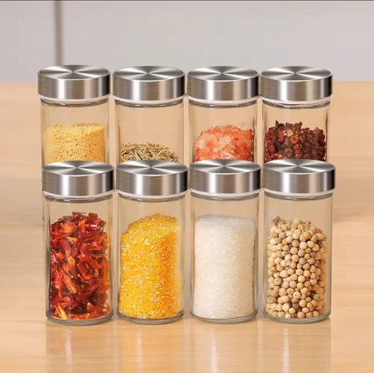 Rotating Spice Carousel Rack With 12 Jars Stainless Steel Top Glass Jars
