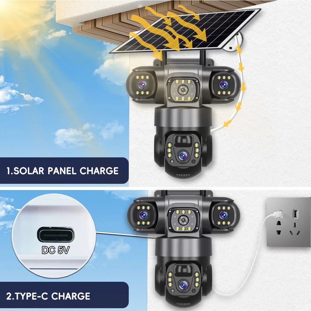 Triple Lens Solar Powered Camera Monitor with  Night Vision and Waterproof Capability