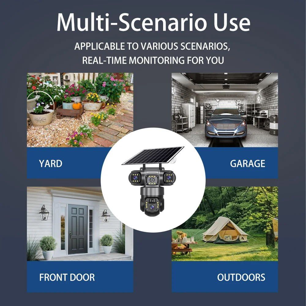 Triple Lens Solar Powered Camera Monitor with  Night Vision and Waterproof Capability