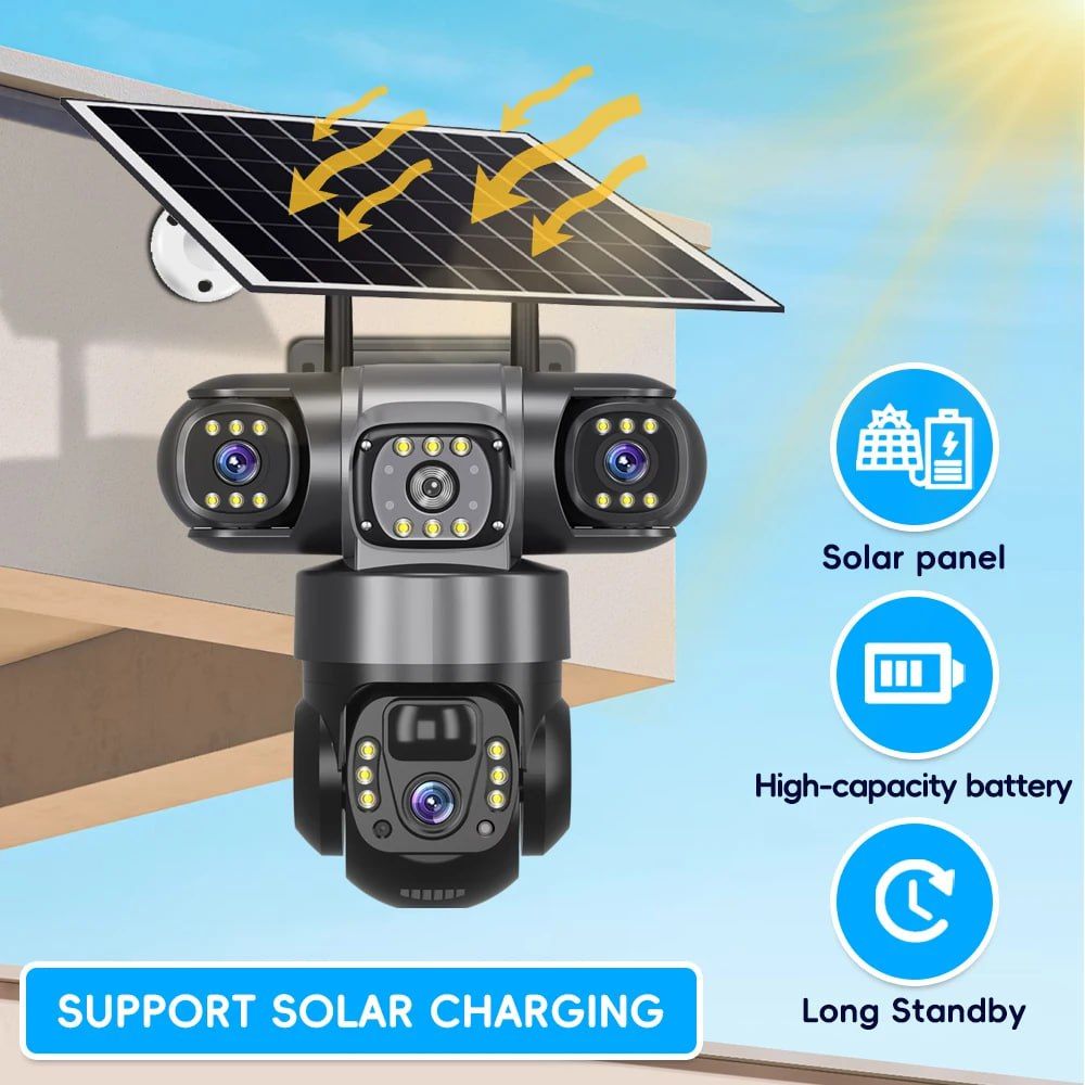 Triple Lens Solar Powered Camera Monitor with  Night Vision and Waterproof Capability