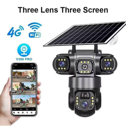 Triple Lens Solar Powered Camera Monitor with  Night Vision and Waterproof Capability