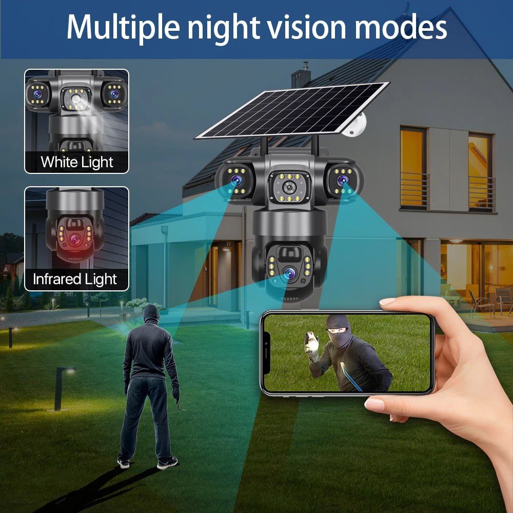 Triple Lens Solar Powered Camera Monitor with  Night Vision and Waterproof Capability