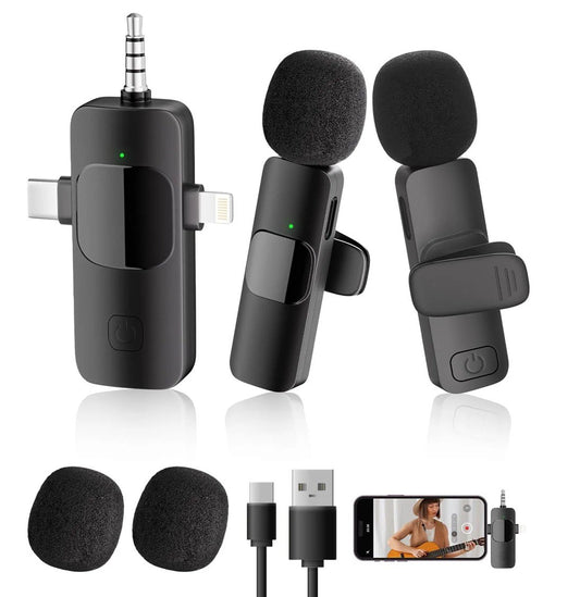 3-in-1 Wireless Mic for iPhone/Android/Camera – Noise Cancelling, Plug & Play, Long Battery