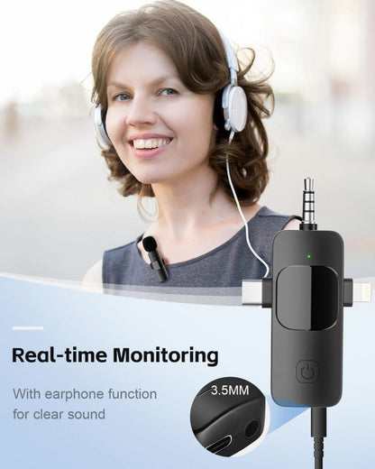 3-in-1 Wireless Mic for iPhone/Android/Camera – Noise Cancelling, Plug & Play, Long Battery