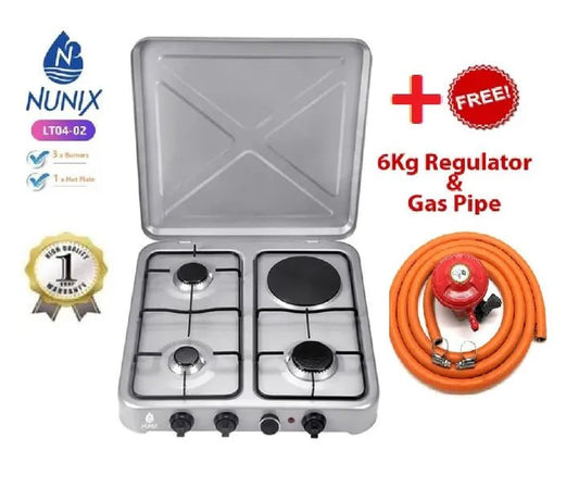 Nunix 3 Gas Burner + 1 electric Table Top Cooker Silver + Free Gas Pipe and Regulator
